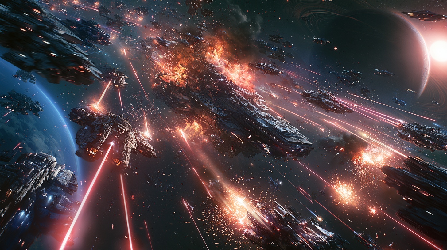 Fleets meeting in a space battle beside a planet — Hexarch artwork
